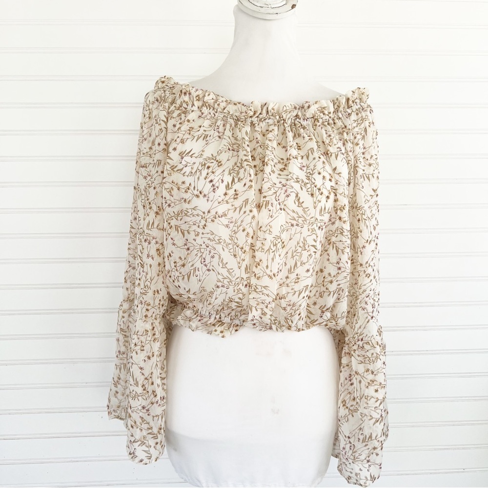 Shein Off The Shoulder Blouse Medium Floral Crop Bell Sleeve Boho JIT7443108
